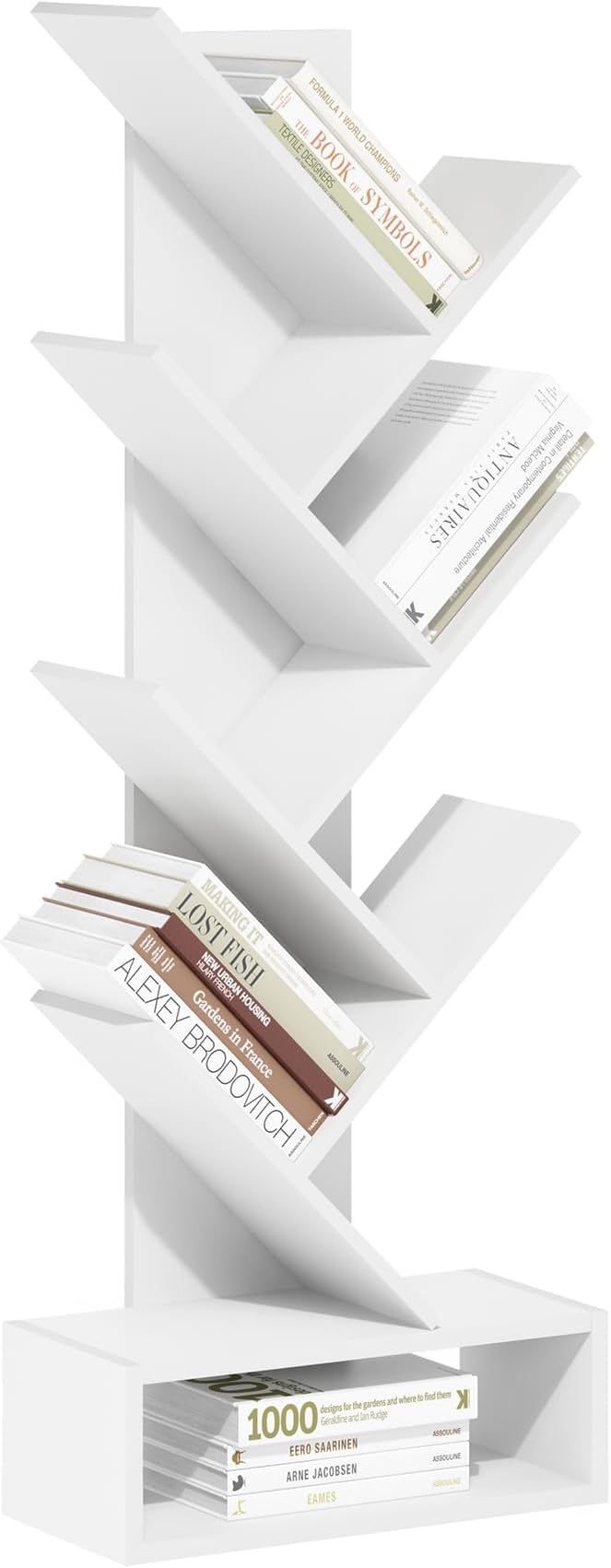 Furinno Tree Book Shelf, 7-Tier Bookshelf, Tree Bookcase with Bottom Shelf, 8.4 x 16.9 x 46.2, for Living Room, Bedroom, Home Office, White