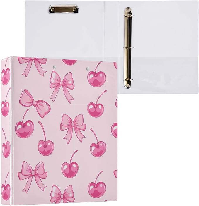 Aslsiy 3 Ring Binder 1.5 Inch for Girl Cherry Red Bow 1 Kids Round Clipboard Binder Decorative Harcover Binders Organizer for Office School Supply