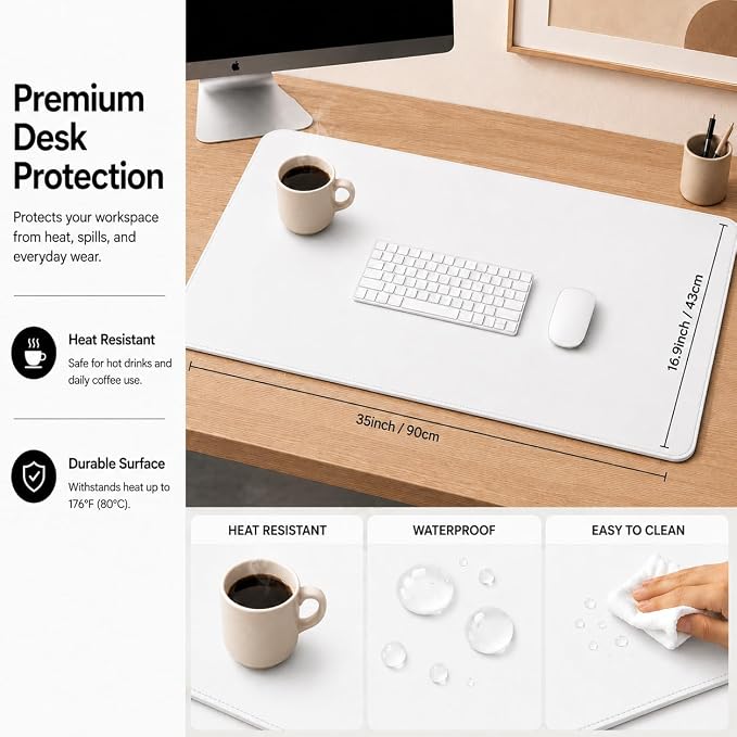 AFIING Cork Desk Mat 35.4" x 17", Dual-Sided Natural Cork & PU Leather Desk Pad, Non-Slip Waterproof Large Mouse Pad for Office, Home & Gaming, White