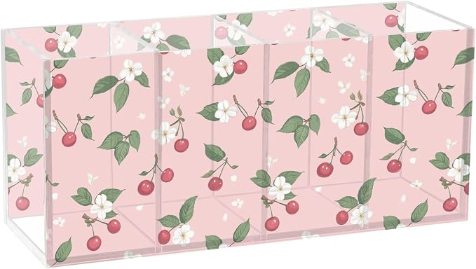 Flower Cherry Fruit Acrylic Pen Holder 4 Compartments with Prints, Desktop Makeup Brush Organizer Cutlery Acrylic Organizer Pencil Plastic Organizer Personalized Printed Pen Holder
