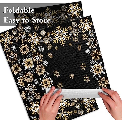 Gold White Snowflakes Chriatmas Placemats Set of 6, Winter Xmas Holiday Heat Resistant Washable Table Place Mats Black Cotton Table Linens Party Holiday Decor for Kitchen Dining Outdoor Indoor