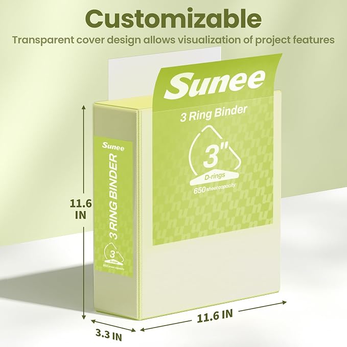 SUNEE 3 Ring Binder 3 Inch D Ring, Clear View Binder Three Ring PVC-Free (Fit 8.5x11 Inches) for School or Office Supplies, Yellow, 1 Pack