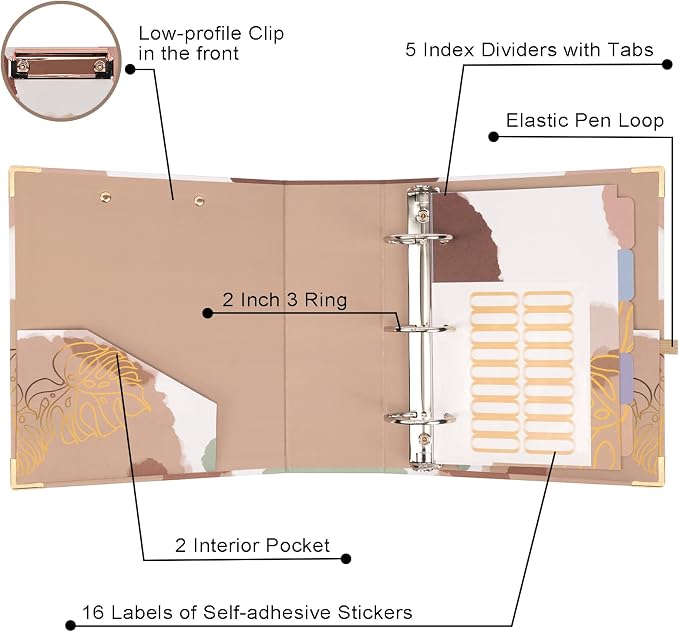 EYROZILL 2 Inch Mini 3 Ring Binder for 5.5" x 8.5" Paper with 5-Tab Dividers EYROZILL Cute Mini Binder for School/Office Supplies and Home, Brown Impression