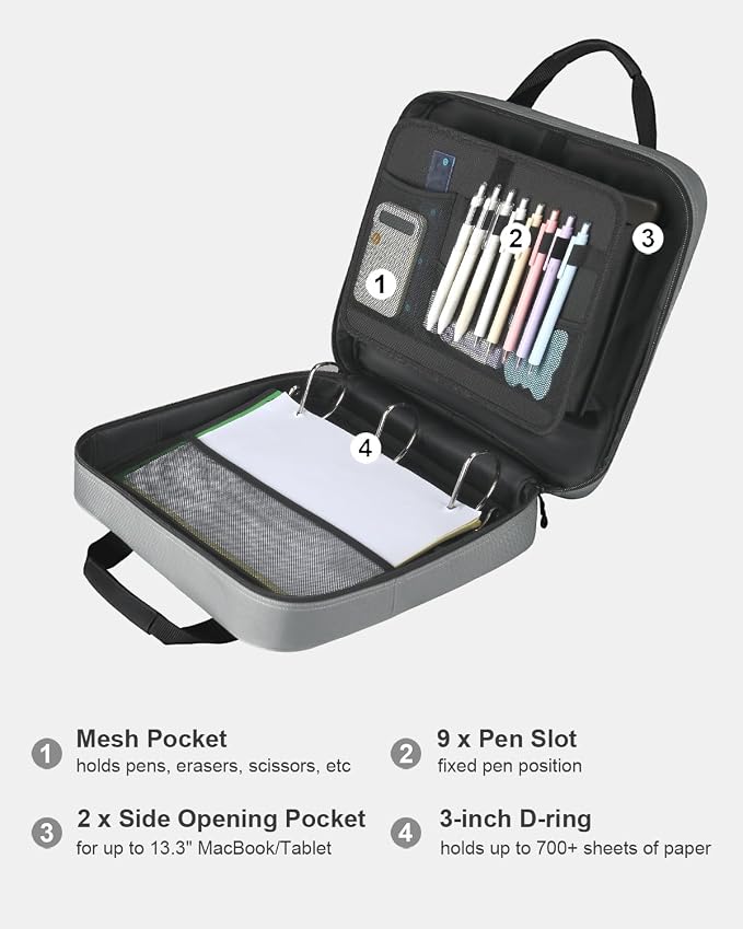 3 Inch Zipper Binder 3 Ring with Shoulder Strap & Multi-Pocket | Binder with Zipper Holds Up to 700 Sheets for Office School, Compatible with 13” MacBook Laptop ipad, Grey