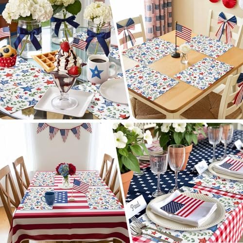 4th of July Placemats Set of 6, Patriotic Star Floral Place Mats Independence Day Dining Table Mats Holiday Party Memorial Day Decor for Kitchen&Linens Outdoor Indoor, Green Eucalyptus Leaves
