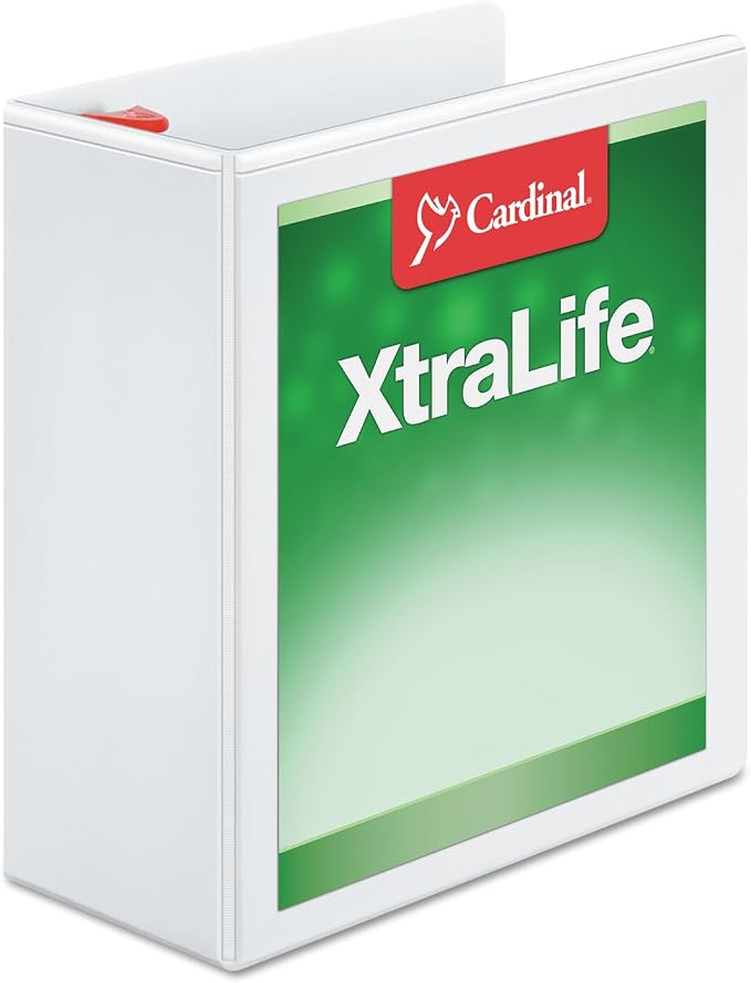 Cardinal 3 Ring Binder, 4 Inch Heavy Duty XtraLife Binder, Locking Slant-D Ring, Crack-Resistant Cover & Spine, ClearVue Covers, Holds 890 Sheets, PVC-Free, White (26340)