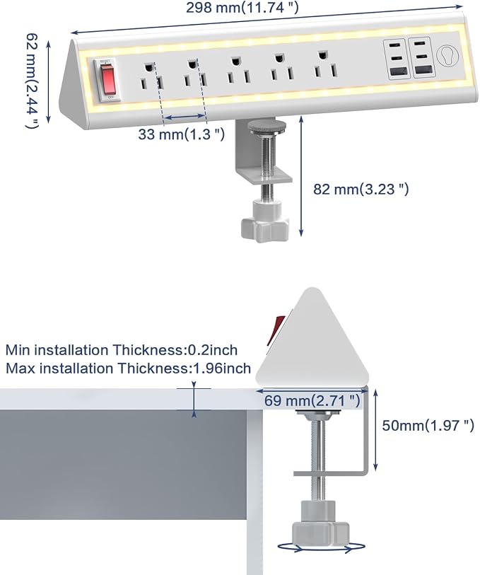 Desk Clamp Power Strip with Nightlight, 40W Fast Charging, 10FT Extension Cord, 4x20W USB-C & 2 USB Ports, 5 AC Outlets, Fits 1.69-Inch Table Edges