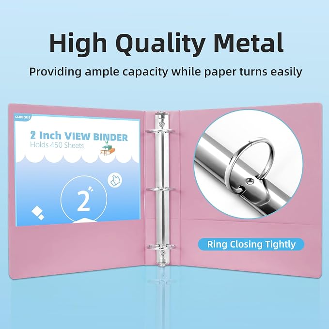 2 inch Binder 3 Ring, 4 Pack View Binder with 2 Pockets,PVC-Free,Customizable Clear View Cover for 8.5 x 11'' Letter Size Papers，Holds 450 Sheets, Round Ring