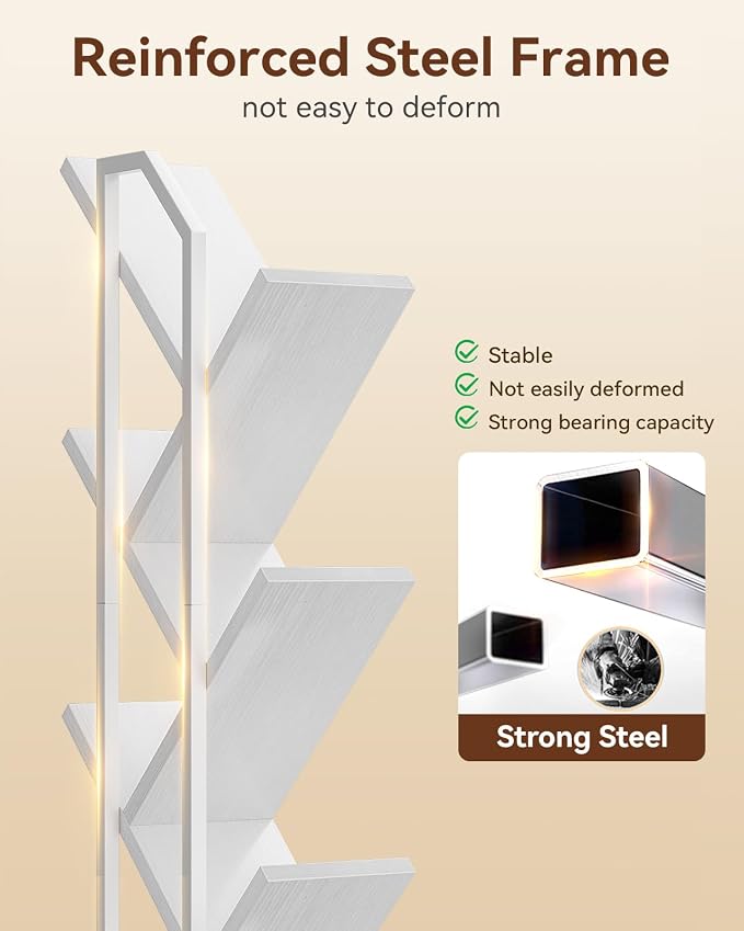 Casaottima Tree Bookshelf with LED Lights, 6-Tier Small Bookshelf, White | Narrow Bookcase for Small Spaces, Steel & Wood Storage Shelf with Cabinet, Home Organizer for Living Room, Bedroom, Office