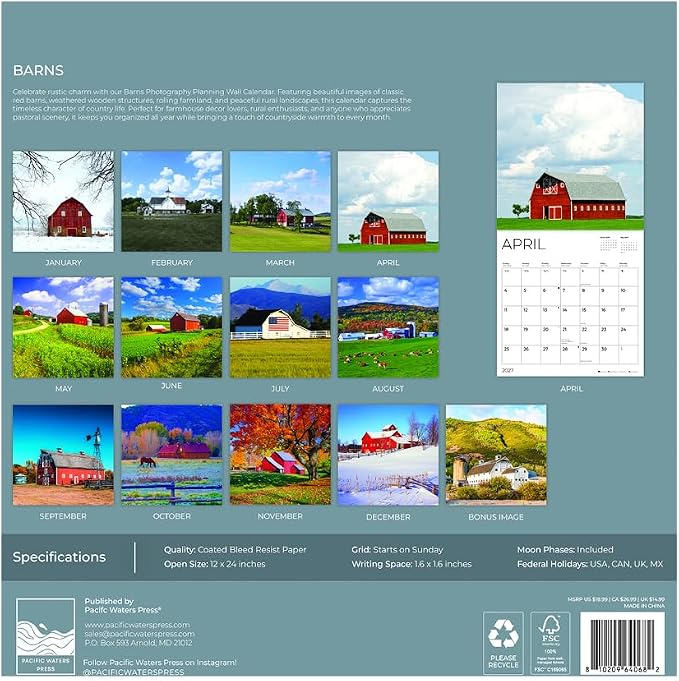 Barns 2027 Wall Calendar, 12 x 24 Hanging Pacific Waters Press