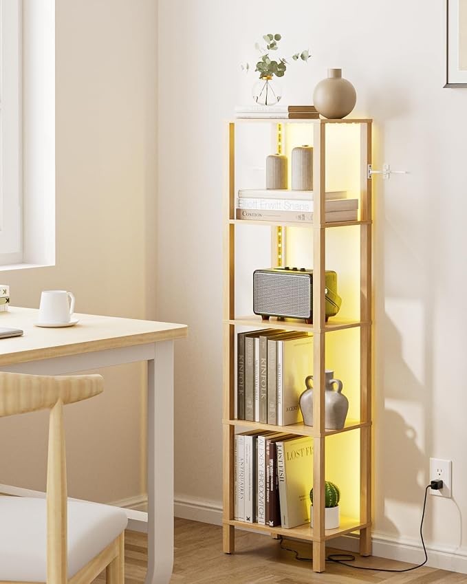 Open Book Shelf with LED Lights, 5 Tier Tall Bookshelf, Freestanding Shelf Narrow Bookcase with Open Shelves, 14.96" x 10.63" x 53.54", Book Shelves for Living Room, Office, Study, Oak