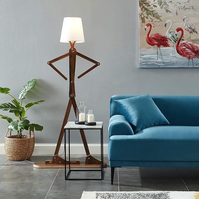 Unique Tall Reading Wood Floor Lamp, LED Bulb Included, Teak | Cool Decorative Corner, Rustic Swing Arm Standing Lighting for Kids Bedroom, Living Room, Dorm, Office, Farmhouse