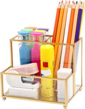 Glass Pen Holder for Desk,Gold Pencil Holder with 3 Compartments,Small Desk Organizer for Pens/Pencils/Sticky Notes,Stylish Clear Pen Organizer for Home Office Desk