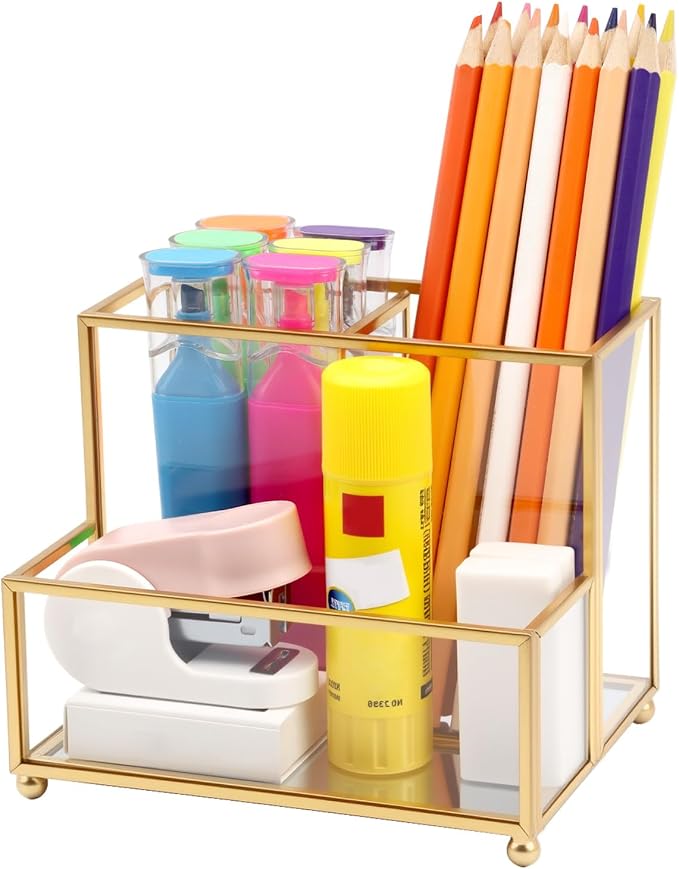 Glass Pen Holder for Desk,Gold Pencil Holder with 3 Compartments,Small Desk Organizer for Pens/Pencils/Sticky Notes,Stylish Clear Pen Organizer for Home Office Desk