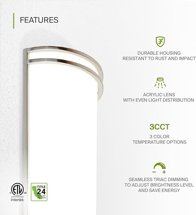 ASD Indoor LED Wall Sconce Lights - 18 Inch 25W Brushed Nickel Modern LED Wall Sconces Hardwired - ETL Dimmable 3000K 4000K 5000K Adjustable Sconce Light Fixture for Bedroom, Hallway