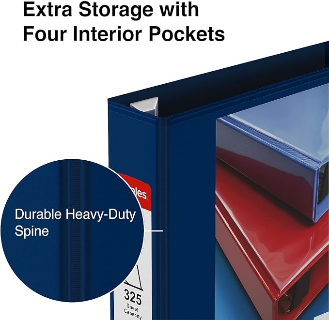 Staples Heavy-Duty 1.5-Inch 3-Ring View Binder with D-Rings, 4 Interior Pockets for Everyday Organization, Navy Blue, 3-Pack