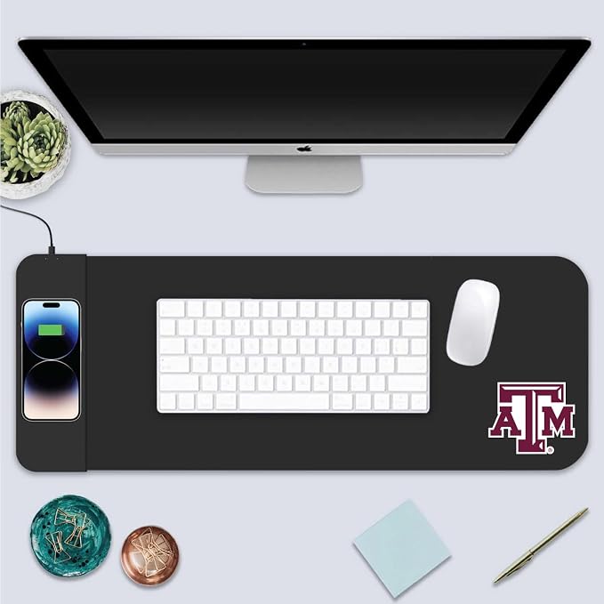 Texas A&M University Classic Wireless Charging Cloth Desk Mat, Durable Office Supplies, Non-Slip Base, Quick Charging Wireless Desk Pad, Black