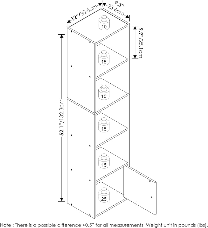 Furinno LUDER Book Shelf, 5-Tier Modern Bookshelf, Bookcase with 1 Door Storage Cabinet, 9.3 x 12 x 52, for Organization and Storage, for Living Room, Bedroom, Home Office, White
