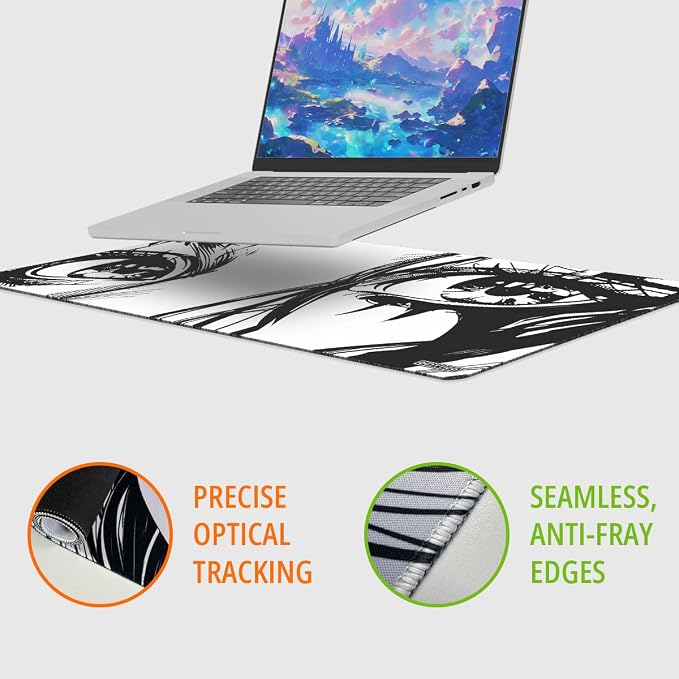 XXL Anime Eyes Gaming Mouse Pad - Manga Girl Black & White Desk Mat for Keyboard and Mouse - Non-Slip, Water-Resistant, Stitched Edges - 35.4x15.7 in (XX-Large)
