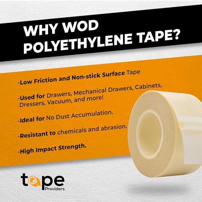 WOD SPT7A UHMW Polyethylene Transparent Film Slick Tape, 2 inch x 10 ft. Aggressive Adhesive - Ideal For Squeak Reduction, Drawers, and Bearings