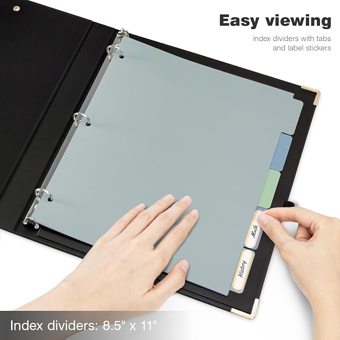 Ospelelf 3 Ring Binder, 1/2 Inch, Cute Letter Size (11" x 8.5") with 5 Tab Dividers, File Folder Labels and Low Profile Clipboards, Black for School and Office
