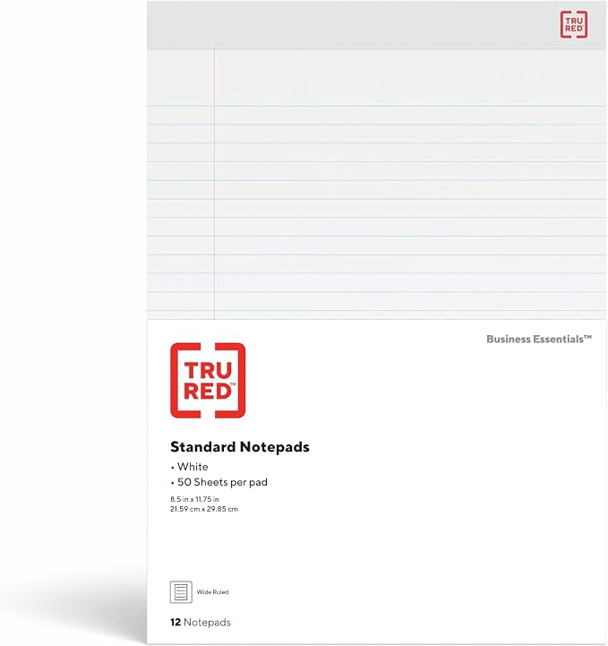 STAPLES Notepads, 8.25x11.75 Inch, Wide Ruled, White, 72-Pack