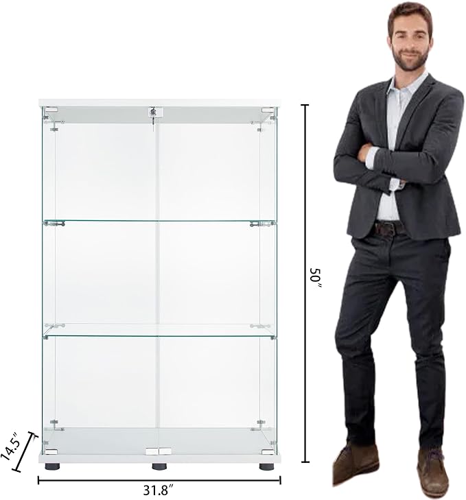 Frameless Glass Display Cabinet, Curio Cabinet with Lock and 2 Doors, Quick-Install Floor Standing Showcase Display Shelf for Collectibles, Legos, Figures, Plants