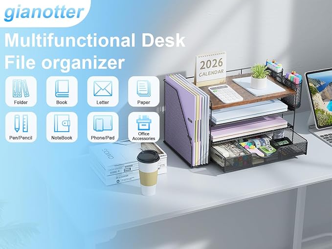 gianotter Desk Organizers and Accessories with File Holder, 4-Tier Desk Accessories & Workspace Organizers with Drawer and 2 Pen Holder, Paper Organizer for Office Supplies (Wood)