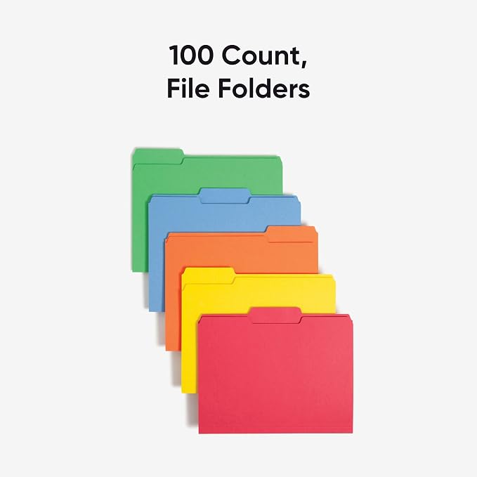 Smead File Folders Letter Sized, 1/3-Cut Tab, Assorted Positions, Letter Size, Assorted Primary Colors, 100 Per Box (11943) (Pack of 5)