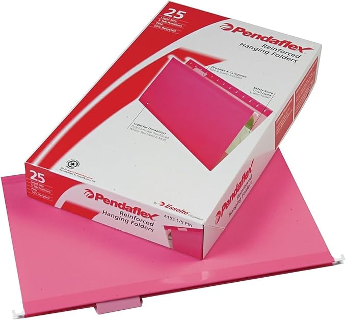 Pendaflex 04153 1/5 PIN Reinforced Hanging Folders, Legal Size, Pink, 1/5 Cut, 25/BX (4153)