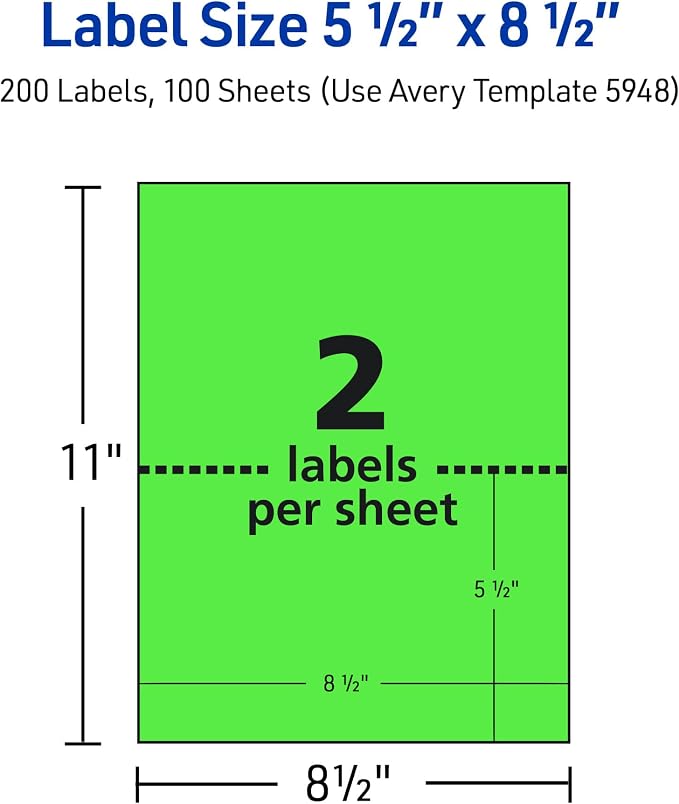 Avery® Printable Shipping Labels, 5-1/2" x 8-1/2", Neon Green, Laser & Inkjet Compatible, 200 Blank Labels Total, Great for Branding, Mailing, Organizing, and More (5952)