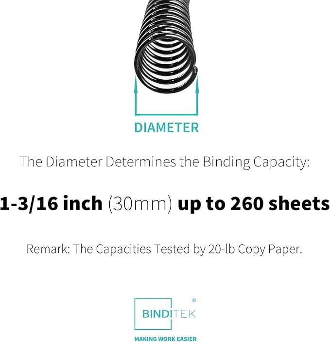 Binditek Plastic Spiral Binding Coils, 30 mm, 4:1 Pitch, Black, 50 Pack | Coil Binding Spines, 1-3/16", 260 Sheet Capacity, 48 Loops, for Letter-Size Reports, Presentations, School and Office Project