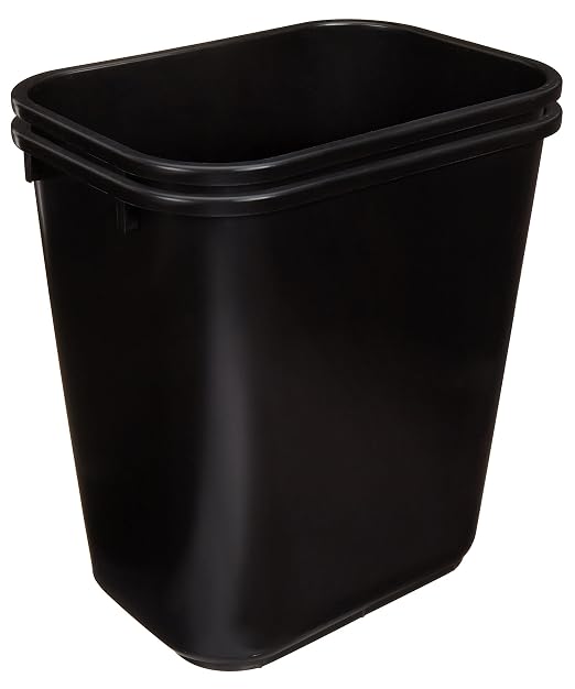 Amazon Basics Rectangular Plastic Office Wastebasket,14.4"L x 10.3"W x 15"H, 7 Gallon, Easy to Clean, Black, Pack of 2