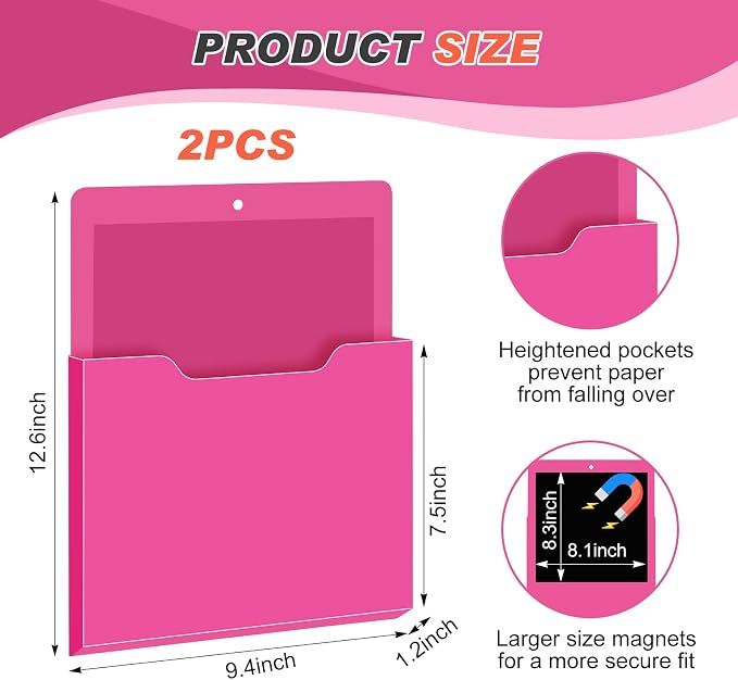 Feifeiya 2 Pcs Magnetic File Folder Wall Hanging Holder Large Pocket Paper Magazine Mail Organizer for Refrigerator Classroom Locker Whiteboard(Vertical,Rose Red,12.2 x 9.4 Inches)