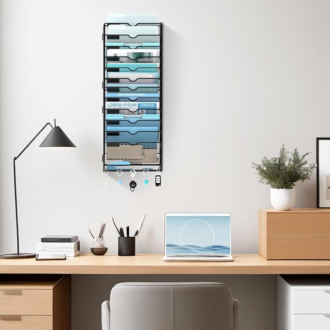 13-Tier Wall File Organizer and Mail Organizer with 5 Hooks, Black | Label slots, curved openings, 5 key hooks, and a bottom tray support organized mail, file, and everyday item storage.