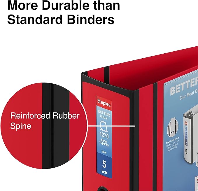 Staples Better 5-Inch D-Ring View Binder, Red, Reinforced Spine | Extra-large capacity binder for archiving everyday office documents.