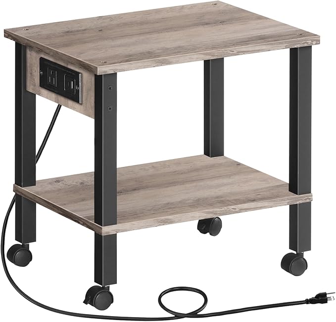 HOOBRO 2-Tier Printer Stand with Charging Station, Under Desk Printer Table, Printer Cart with Storage Shelves, Shelf for Small Spaces, for Home Office, Greige and Black BG38UPS01