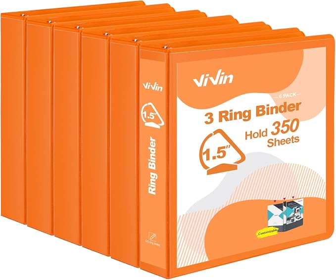 ViVin Sturdy 1.5 Inch 3 Ring Binder with 2 Pockets, 6 Pack, Orange | Slant-D Ring Binder, PVC-Free, Customizable Clear View Binder,Holds 350 Sheets of 8.5" x 11" Paper for Office, Home, School