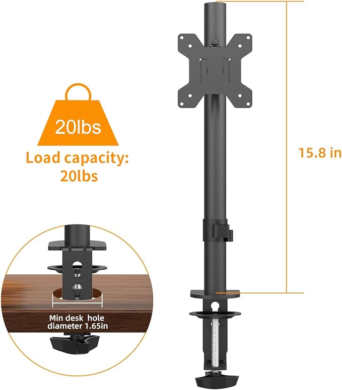 PHOLITEN Monitor Mount for Most 13-32" Computer Screens up to 20lbs,Adjustable Single Desk Monitor Stand with Tilt Swivel Rotation, VESA 75x75mm/100x100mm | Adjustable Single Desk Stand, Tilt Swivel Rotation, VESA 75x75/100x100mm