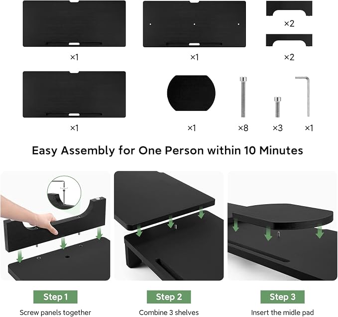 Nnewvante Monitor Stand Riser, 60 inch Bamboo Triple Monitor Stand for Desk | Black, Adjustable Length Angle, 3 Shelves Desktop Screen Riser, For Computer Laptop PC