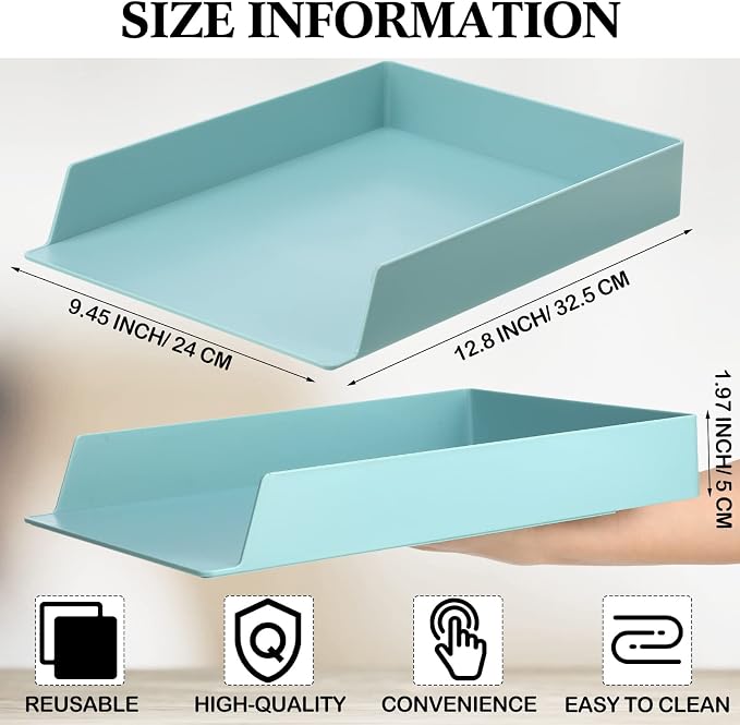 Tatuo 4 Pack Stackable Paper Trays Plastic Letter Tray Desk Organizer Paper Holder Organizer Storage Office Desk Accessories for Classroom Magazine File Documents 12.8 x 9.45 x 1.97, Blue Green