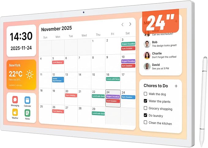 24 Inch Touchscreen Digital Calendar, Wall Planner, Desktop Smart Electronic Calendar, 8GB+128GB Android OS, Supports Google Play Apps, Office Desk Assistant & Family Schedules, Wall/Desk Stand