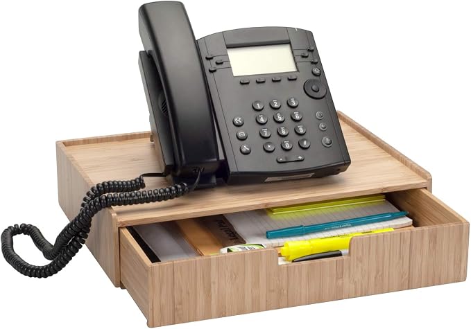MobileVision Bamboo Telephone Stand with Drawer Stackable Storage Solution for Office Products Pens, Pencils, Scissors, Notepads, Business Cards and More