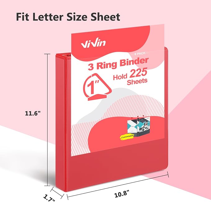 ViVin Sturdy 1 Inch D Ring Binders with 2 Pockets, 6 Pack, Red | 3 Ring Binders with Clear View Cover, Hold 225 Sheets of US Letter Size Paper, PVC-Free for Office, Home, School