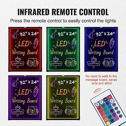 VEVOR 32"x24" LED Message Writing Board, Menu Sign Boards, Illuminated Erasable Lighted Chalkboard, Neon Effect Drawing Panel with 8 Fluorescent Chalk Markers and Remote Control