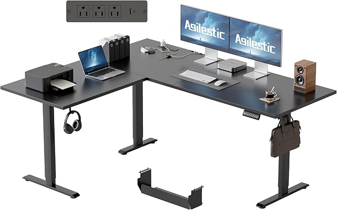 Agilestic 63 x 55 Inch L Shaped Standing Desk with Powerstrip, Black | Outlets, Cable Management, Corner Desk, Ample Workspace, Memory Presets, Hooks, Stable Steel Frame,176 lbs, Splice Board