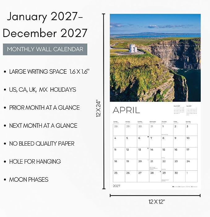 Ireland 2027 Wall Calendar, 12 x 24 Hanging Pacific Waters Press