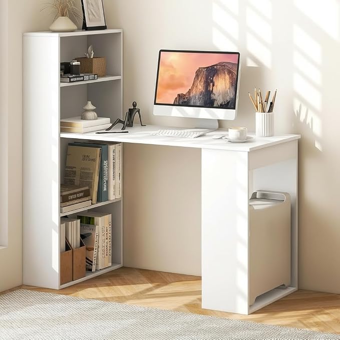Tangkula White Computer Desk with Bookshelf, Writing Study Desk with Storage Shelves & CPU Stand, Modern Compact Computer Workstation for Home & Office, Space-Saving Design | Modern Compact Workstation w/Bookshelf Storage & CPU Stand, Space-Saving Desi...