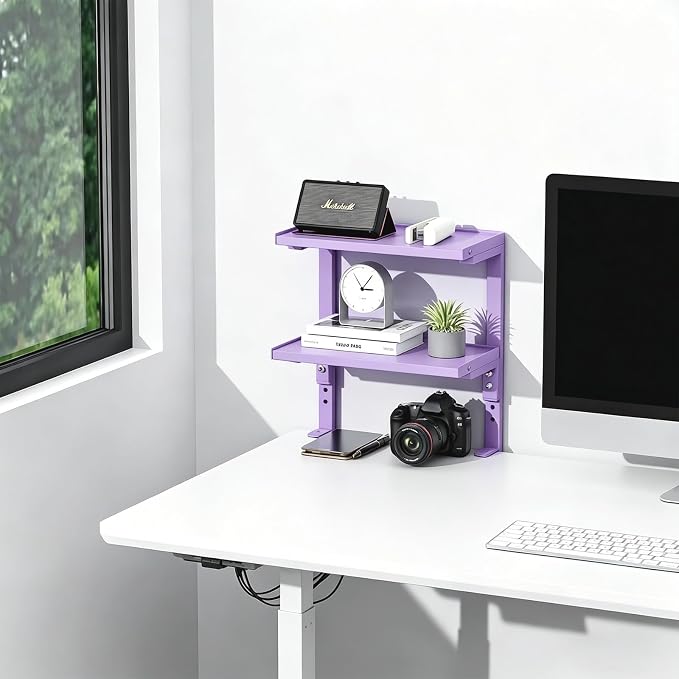 2-Tier Desk Shelf | Desk Organization Expandable Clamp on Desk Shelf Desktop Accessories for Offices and Game Rooms (Purple)