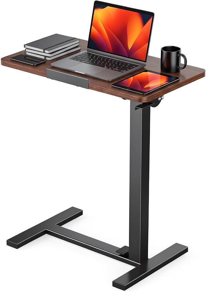 DUMOS Overbed Table with Wheels, Height-Adjustable Bedside Table, Brown | Rolling standing desk with Pneumatic Lift, Portable mobile desk for Bed, Couch, Office, Sofa